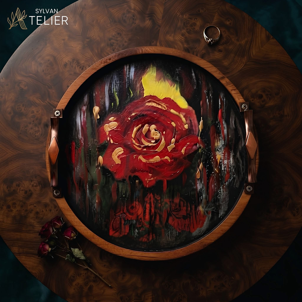 Discover the mesmerizing fusion of art and utility with this artisan-painted wooden tray. A symbol of romance and resilience, the fiery red rose blooms with gilded gold strokes against a dark, dramatic canvas, creating a truly enchanting centerpiece. Finished with luxurious brass handles and a warm wooden frame.